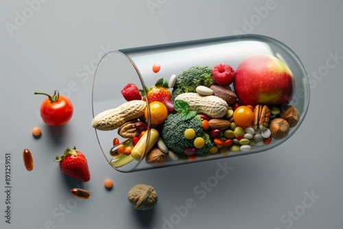 Medicine health concept. Nutritional supplement and vitamin supplements as a capsule with fruit vegetables nuts and beans inside a nutrient pill. 