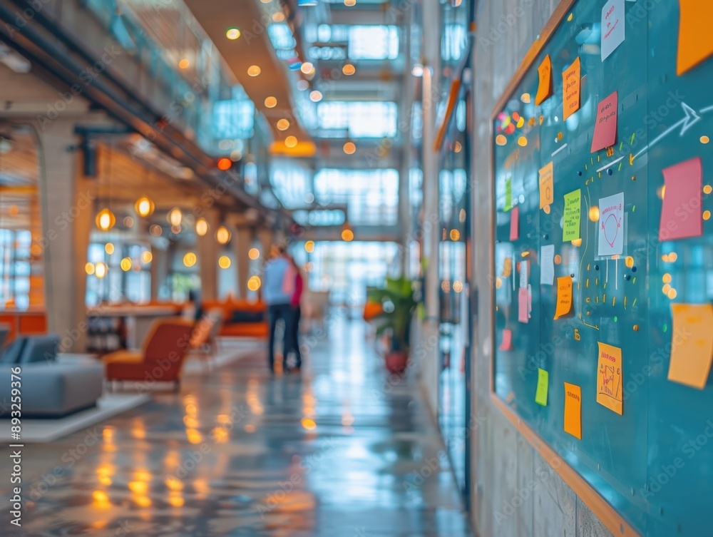 Modern office interior with sticky notes on glass wall and blurred office setting in the background, fostering creativity and collaboration. Modern office interior with sticky notes on glass wall and blurred office setting in the background, fostering creativity and collaboration.