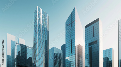 Obraz na płótnie A futuristic skyscraper with a sleek, reflective glass facade rising against a clear blue sky, showcasing modern urban architecture and advanced design w salonie