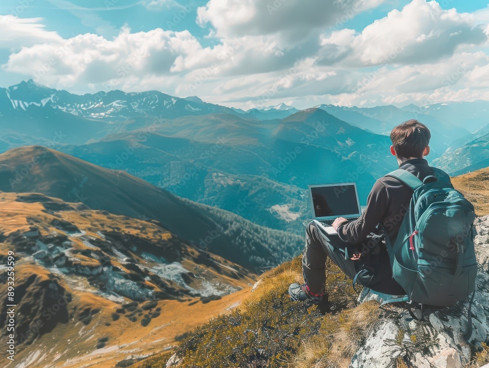 Fototapeta premium Digital nomad, laptop, mobile workspace, mountain view, remote job