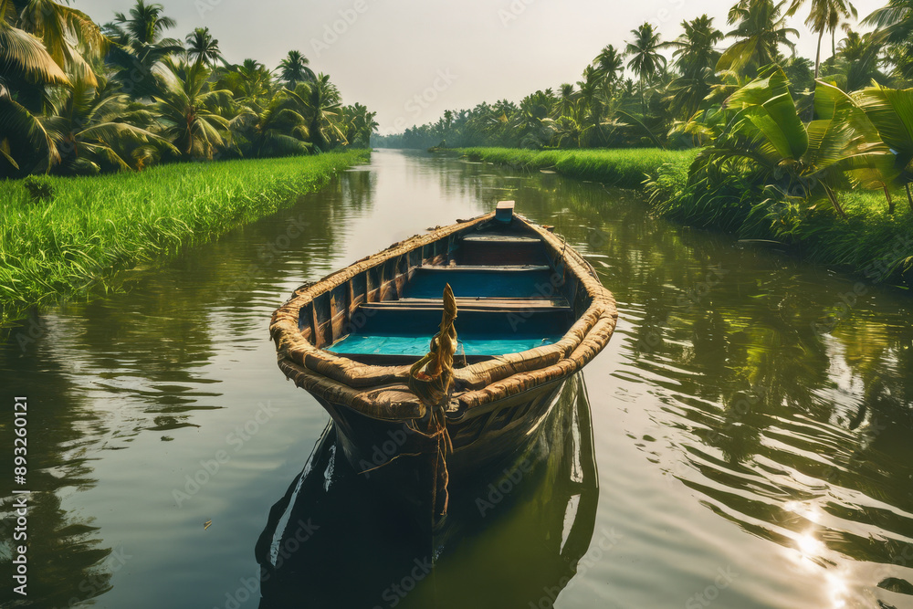 Traditional wooden boat on a serene tropical river. Traditional wooden boat on a serene tropical river.