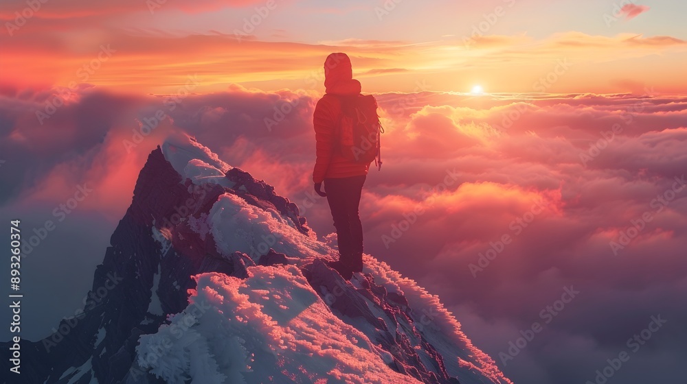 Reaching New Heights at Dramatic Sunrise or Sunset on Perilous Mountain Peak Reaching New Heights at Dramatic Sunrise or Sunset on Perilous Mountain Peak