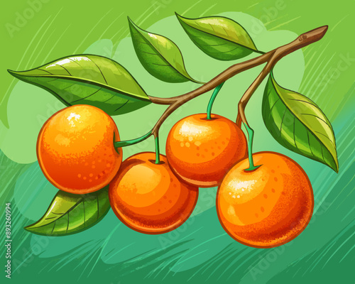 illustration Vector of fresh oranges on a branch with leaves, green isolated background, hand drawn vegetabes and fruit cartoon photo