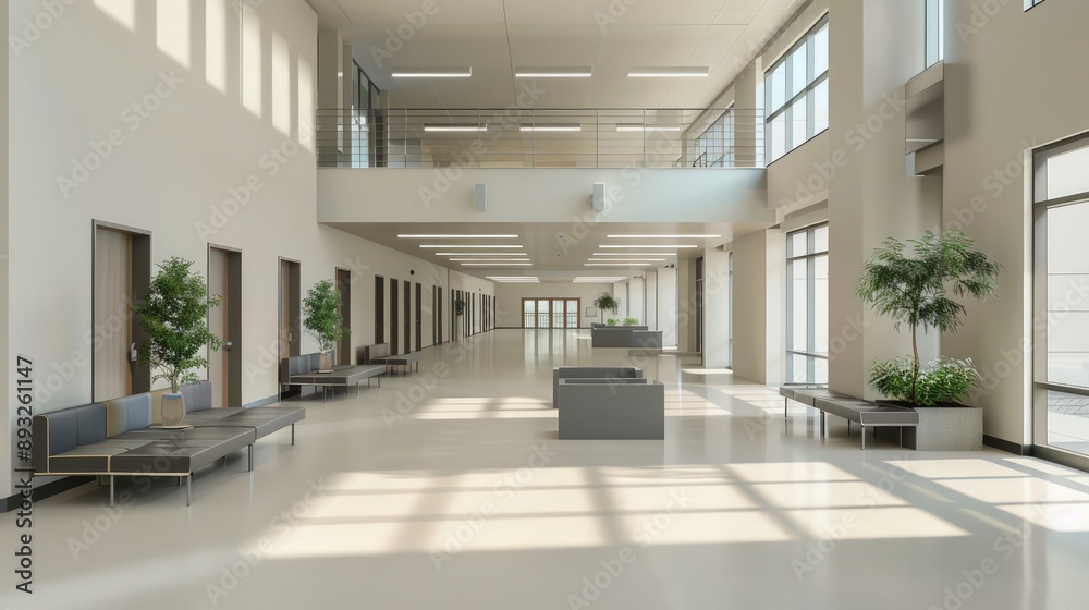 High school lobby featuring minimalist d?(C)cor and a neutral color palette High school lobby featuring minimalist d?(C)cor and a neutral color palette