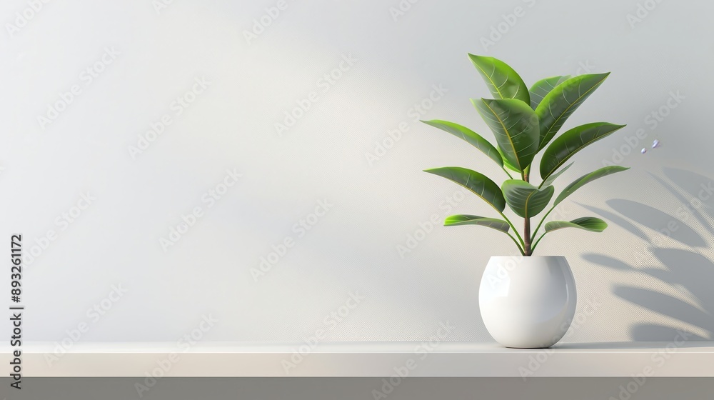 Minimalist image of a green plant in a white pot placed on a light-colored shelf, casting a shadow on a plain wall. Minimalist image of a green plant in a white pot placed on a light-colored shelf, casting a shadow on a plain wall.