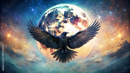 A majestic black crow spread its wings, perched on a luminous crescent moon, set against a dreamy, abstract watercolor background.
