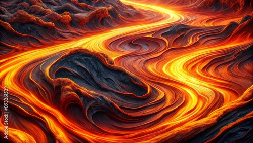 Vibrant, intense, and mesmerizing fiery red and orange abstract lava flow pattern with swirling motion and undulating textures. photo