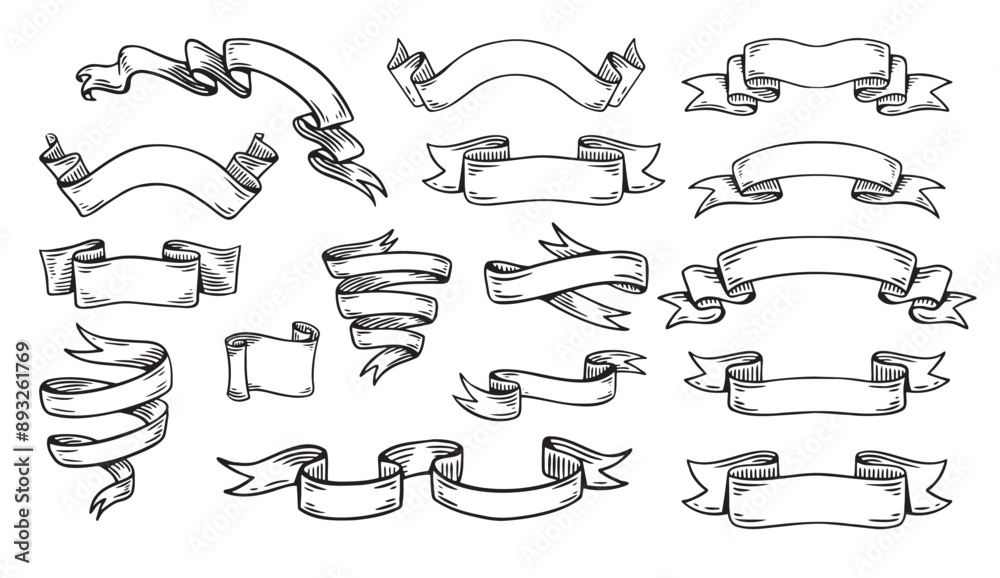 Hand drawn ribbons vintage set. Doodle style black color sketch. Isolated elements.