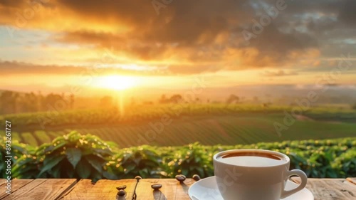 Animated Video of Enjoying a Cup of Coffee on a Plantation with the Beauty of Sunrise for a Tranquil Morning Scene - Motion Loop - Generativ AI