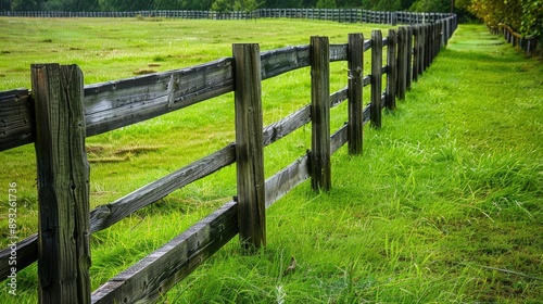 Rustic wooden fence bordering a lush, green field