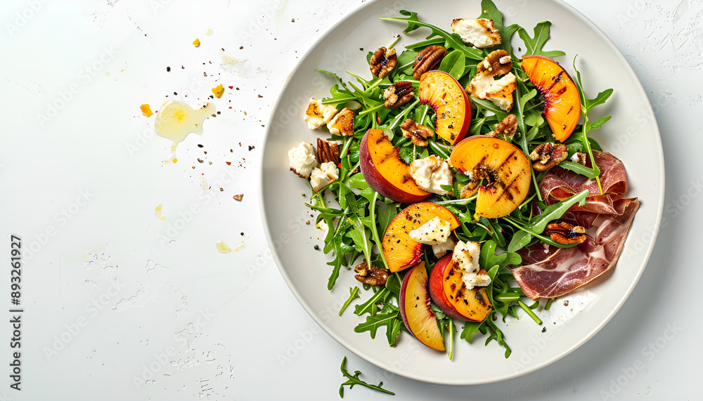 Summer salad bowl with sweet grilled peach, jamon, soft cheese, walnuts and fresh arugula on white kitchen table background, top view, negative space Summer salad bowl with sweet grilled peach, jamon, soft cheese, walnuts and fresh arugula on white kitchen table background, top view, negative space