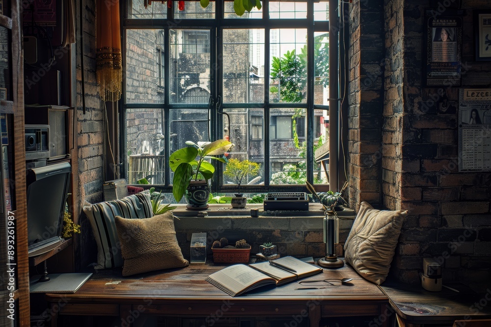 Interior of a loft living room with a window, books, a coffee table and a book. Interior of a loft living room with a window, books, a coffee table and a book.