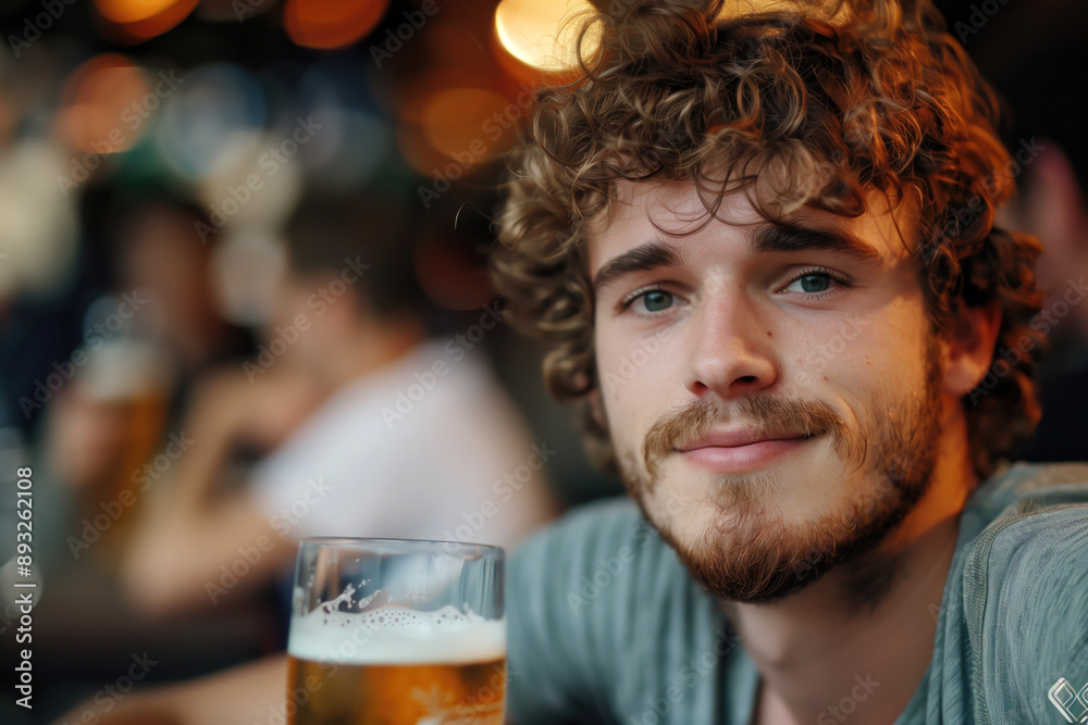 Young man with curly hair holding a glass of beer in a lively pub with warm lighting. Craft beer industry, nightlife, socializing, bar culture, relaxation, leisure activities.