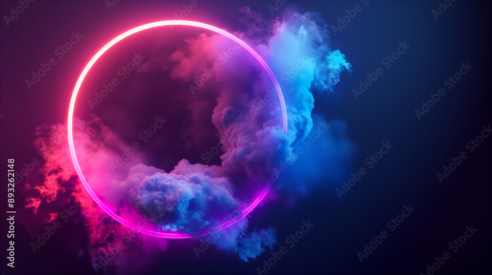 Obraz premium Neon Circle In Clouds. Generative AI