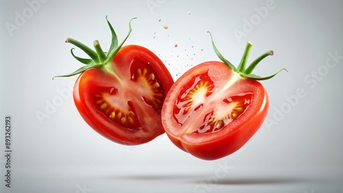 Two juicy freshly cut tomato slices in mid-air, suspended against a pristine white background, burst of vibrant red color, isolated.