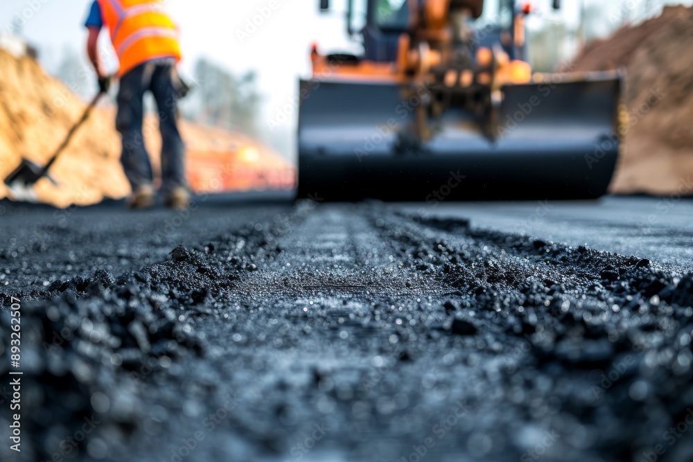 Selective focus of Asphalt contractors working on road Selective focus of Asphalt contractors working on road
