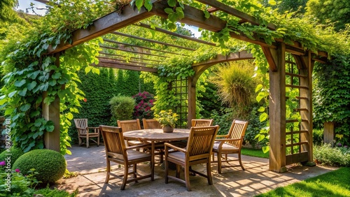 Pergola covered with vines in garden, showcasing wooden table and chairs underneath, furniture, chairs, garden, pergola, dining