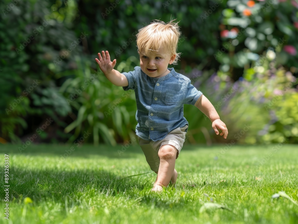 Exploring the World: A Blonde Toddler Takes His First Steps in the Garden Exploring the World: A Blonde Toddler Takes His First Steps in the Garden
