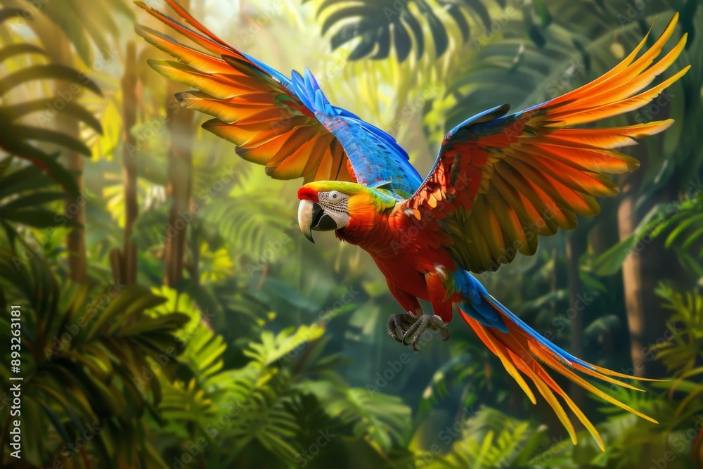 Fototapeta premium Scarlet Macaw in Flight Amidst Lush Greenery