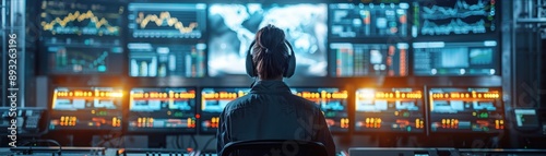 Wallpaper Mural Technician monitoring multiple screens in a control room with high-tech equipment, data analysis, and cybersecurity operations. Torontodigital.ca