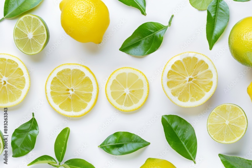 slice lemon and lime with green leaves creative pattern isolated on white background, Top view and flat lay slice lemon and lime with green leaves creative pattern isolated on white background, Top view and flat lay