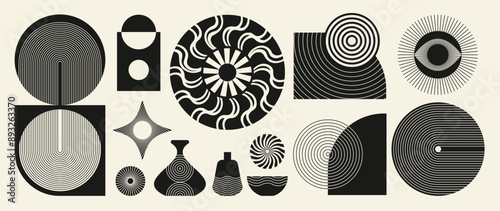 Hand drawn abstract minimal element mid century vector set. Aesthetic contemporary stripe line art, geometric shape in monochrome. Art form design for wall art, decoration, wallpaper.