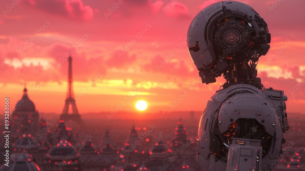 A Robot Stands In Front of a City Skyline With the Sun Setting In the Background - Generative AI A Robot Stands In Front of a City Skyline With the Sun Setting In the Background - Generative AI