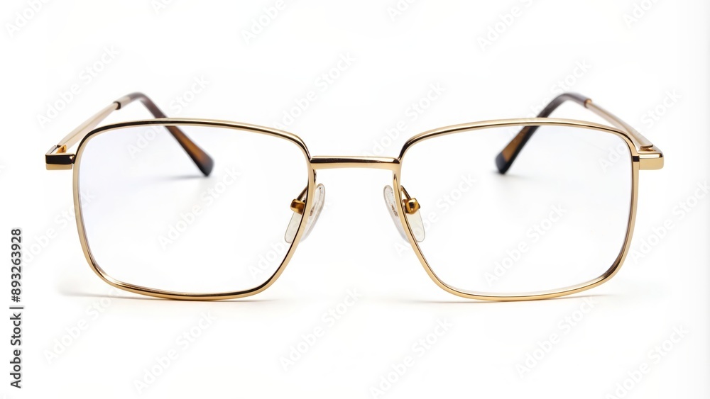 Elegant rectangular eyeglasses with gold metal frames and clear lenses resting on a minimalist white background surface. Elegant rectangular eyeglasses with gold metal frames and clear lenses resting on a minimalist white background surface.