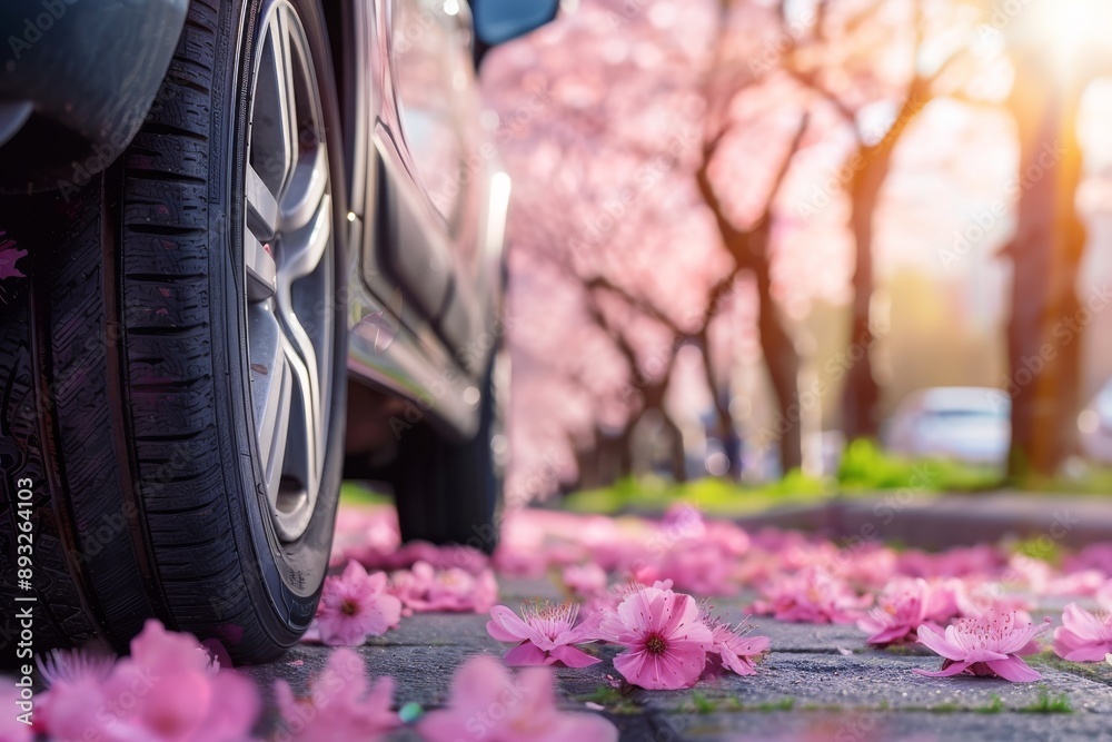 summer car tires on the street outside in the blooming spring sakura