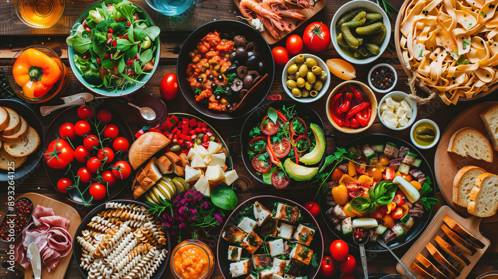 A Culinary Tapestry: Vibrant Mediterranean Feast on Rustic Table A Culinary Tapestry: Vibrant Mediterranean Feast on Rustic Table