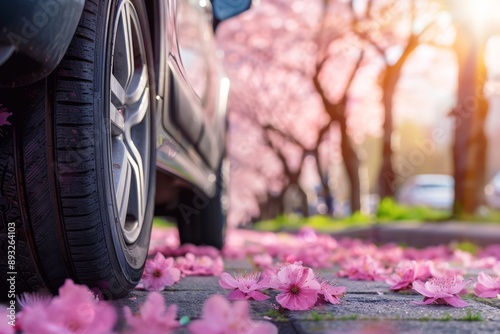 Obraz na płótnie summer car tires on the street outside in the blooming spring sakura w salonie