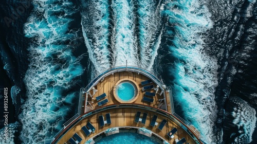 2022: Emerald Princess cruise ship in the Caribbean Sea. Pools on the Rivera Deck and Sports Deck are located aft (rear) of the ship. Princess Cruises' emblem features a sea witch face and a wave patt