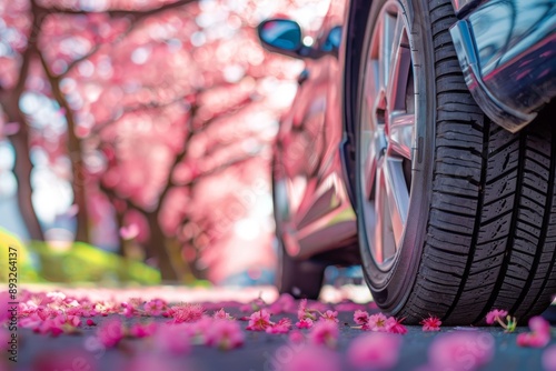 Obraz na płótnie summer car tires on the street outside in the blooming spring sakura w salonie