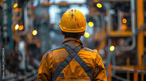 Refinery workers in overalls in the background of an oil refinery