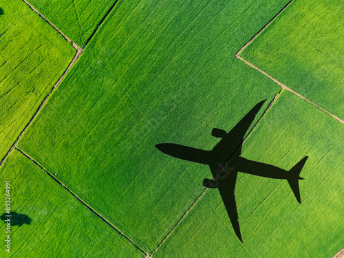 Shadow airplane flying above green field. Sustainable fuel. Biofuel in aviation. Sustainable transportation and eco-friendly flight with biofuel use. Aviation sustainability. Biofuel in air travel. photo