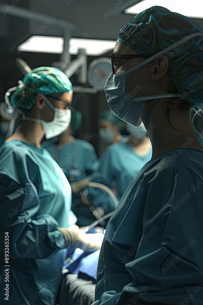A surgeon wearing full protective gear stands in an operating room, prepared for surgery, with a medical team in the background... A surgeon wearing full protective gear stands in an operating room, prepared for surgery, with a medical team in the background...