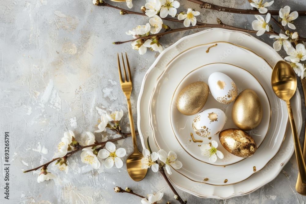 table setting with white plate, golden cutlery, easter eggs and spring branches