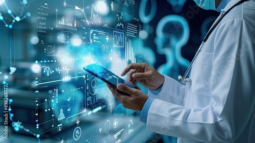 Doctor utilizing digital healthcare technology and medical icons, symbolizing modern medical practices and health informatics advancements.. photo