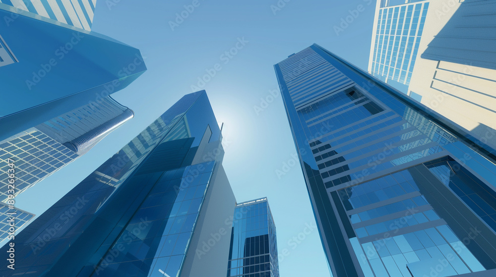 A futuristic skyscraper with a sleek, reflective glass facade rising against a clear blue sky, showcasing modern urban architecture and advanced design A futuristic skyscraper with a sleek, reflective glass facade rising against a clear blue sky, showcasing modern urban architecture and advanced design