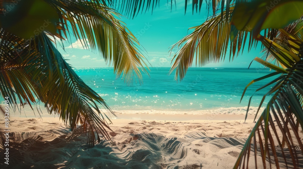 A View of the Ocean From a Sandy Beach Under Some Palm Trees With Blue Sky in the Background - Generative AI