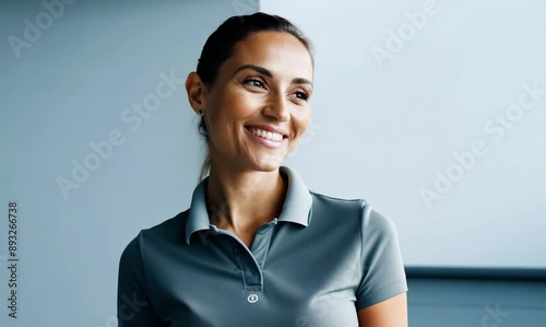 Lifestyle portrait video of a pleased woman in her 30s wearing a sporty polo shirt against a minimalist or empty room background