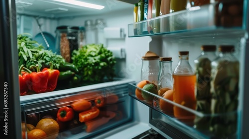 Well-stocked refrigerator full of fresh organic produce. photo