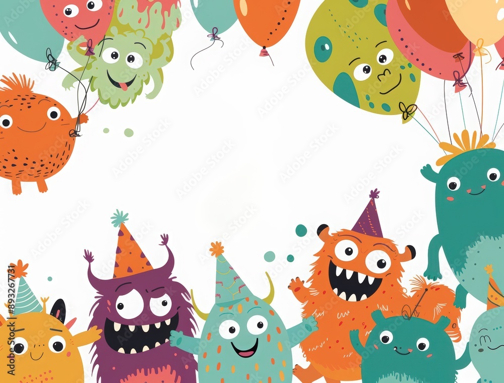Naklejka premium Happy birthday card with a cute monster character and text 