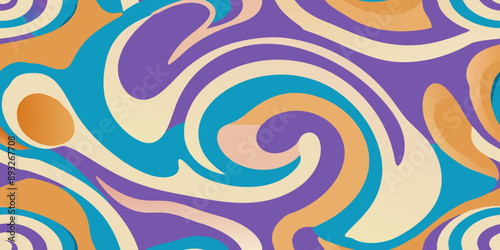 Seamless pattern of swirling complementary colors in orange, purple, and blue