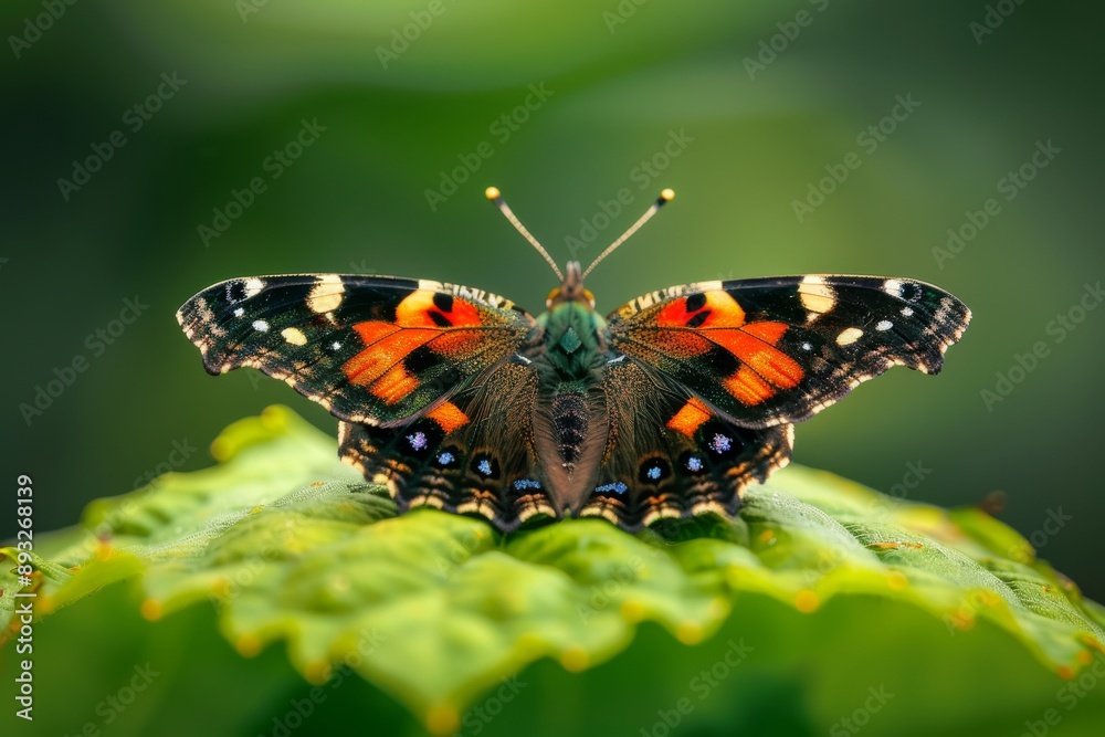 a red admiral butterfly on a lime green leaf with wings almost closed - facing the camera a red admiral butterfly on a lime green leaf with wings almost closed - facing the camera