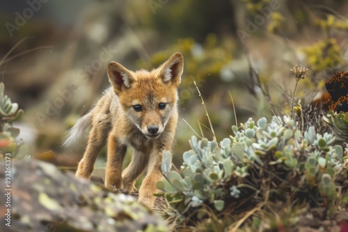 A two month old Ethiopian wolf pup plays in the Bale Mountains National Park.