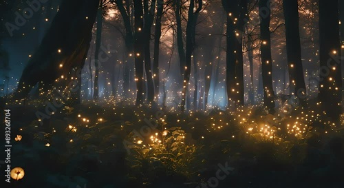 Night fairy forest filled with magical lights, fireflies, and mystical beauty.
 photo