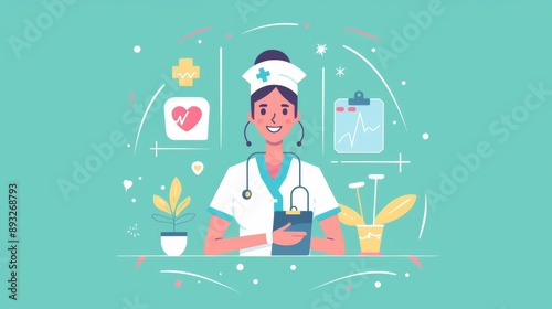Friendly Nurse Holding Clipboard in Modern Doctor's Office Illustration