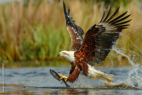 African Fish Eagle (Haliaeetus vocifer) immediately after catching fish in the Okavango Delta. photo