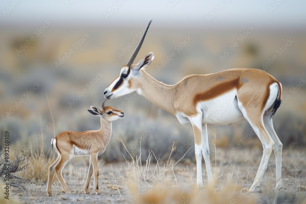 An adult springbok licking her two week old lamb in the Kalahari Desert in Africa. An adult springbok licking her two week old lamb in the Kalahari Desert in Africa.